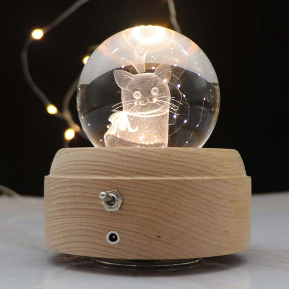 Girl Bedside Lamp Crystal Ball Wooden Base Music Box Charging Glow Rotating Night Light, Random Music(Cat)