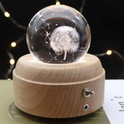Girl Bedside Lamp Crystal Ball Wooden Base Music Box Charging Glow Rotating Night Light, Random Music(Dandelion)