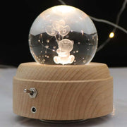 Girl Bedside Lamp Crystal Ball Wooden Base Music Box Charging Glow Rotating Night Light, Random Music(Balloon Bear)