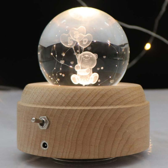 Girl Bedside Lamp Crystal Ball Wooden Base Music Box Charging Glow Rotating Night Light, Random Music(Balloon Bear)