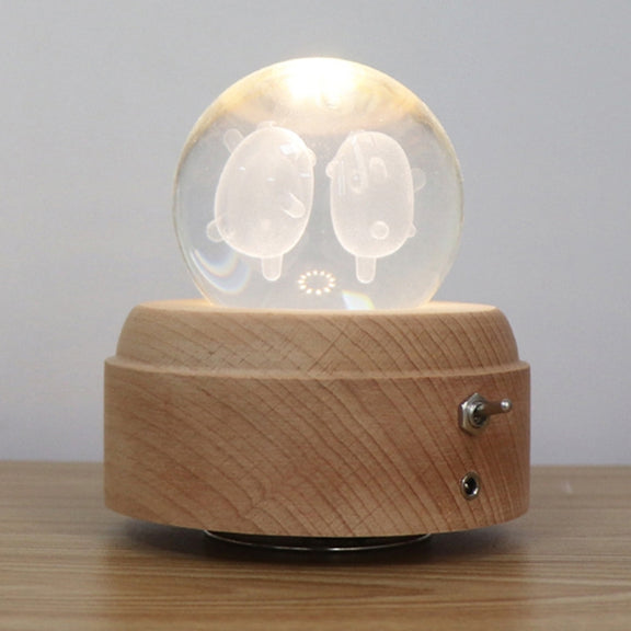 Girl Bedside Lamp Crystal Ball Wooden Base Music Box Charging Glow Rotating Night Light, Random Music(Double Pig)