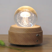 Girl Bedside Lamp Crystal Ball Wooden Base Music Box Charging Glow Rotating Night Light, Random Music(Jellyfish)