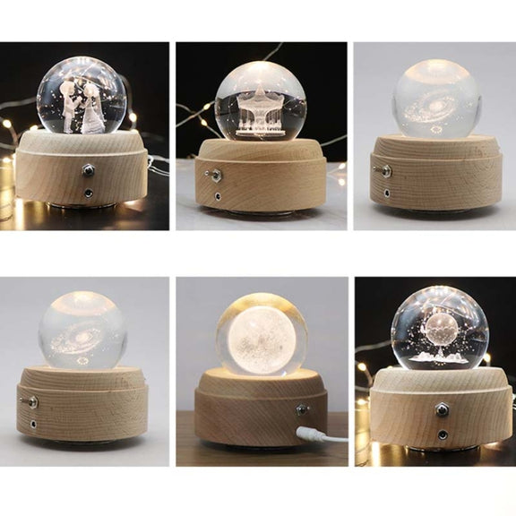 Girl Bedside Lamp Crystal Ball Wooden Base Music Box Charging Glow Rotating Night Light, Random Music(Carousel)