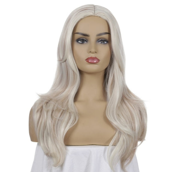 Women Split Wigs Long Curly Hair Synthetic Headgear(Light Gold + Brown)