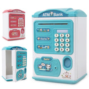 Simulation Password Fingerprint Sensor Unlocking Money Box Automatic Roll Money Safe ATM Piggy Bank(Blue)