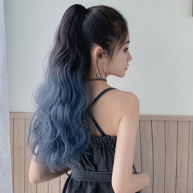 Wig Ponytail Curly Hair Gradient Color Long Hair Realistic Fluffy Clip Chemical Fiber Wig Braid(Brown-black Gradient Haze Blue 53cm)
