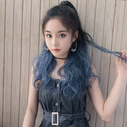 Wig Ponytail Curly Hair Gradient Color Long Hair Realistic Fluffy Clip Chemical Fiber Wig Braid(Brown-black Gradient Haze Blue 53cm)