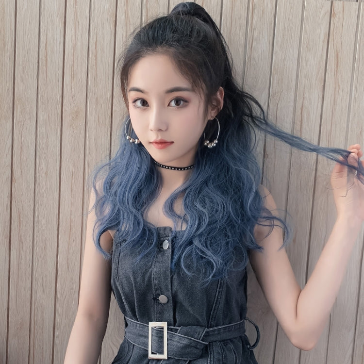 Wig Ponytail Curly Hair Gradient Color Long Hair Realistic Fluffy Clip Chemical Fiber Wig Braid(Brown-black Gradient Haze Blue 53cm)