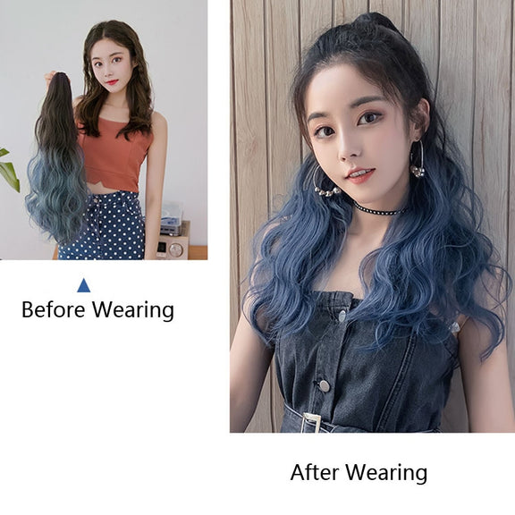 Wig Ponytail Curly Hair Gradient Color Long Hair Realistic Fluffy Clip Chemical Fiber Wig Braid(Brown-black Gradient Haze Blue 53cm)