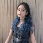 Wig Ponytail Curly Hair Gradient Color Long Hair Realistic Fluffy Clip Chemical Fiber Wig Braid(Brown-black Gradient Haze Blue 53cm)
