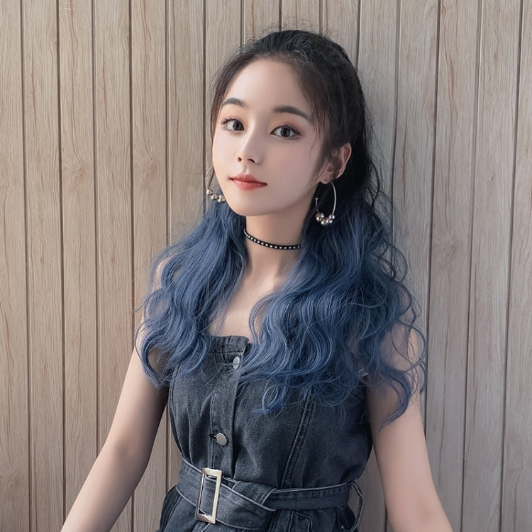 Wig Ponytail Curly Hair Gradient Color Long Hair Realistic Fluffy Clip Chemical Fiber Wig Braid(Brown-black Gradient Haze Blue 53cm)