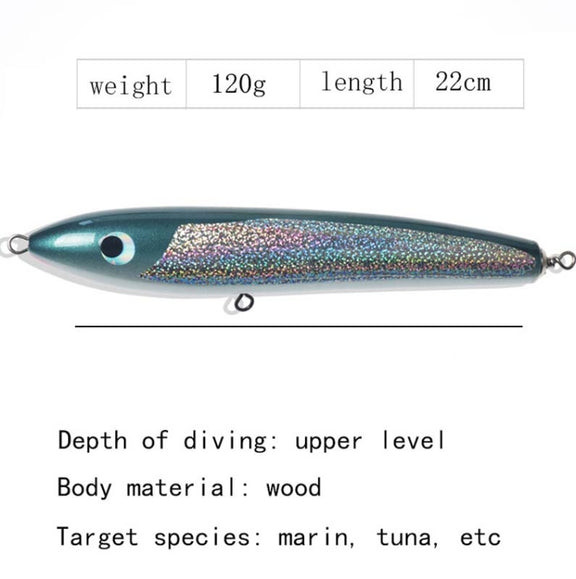 120g 22cm Floating Water Wooden Handmade Big Pencil  Deep Sea Boat Fishing Wave Lying Tuna Bait(Silver Black Laser)