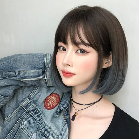 Wig Female Short Hair Bobo Student Head Round Face Full Top Headgear Natural Gradient Color Internal Buckle Straight Hair(Gradient Haze Blue 30CM)