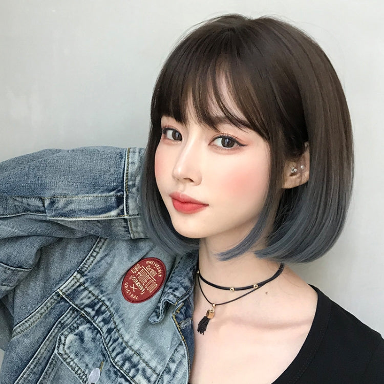 Wig Female Short Hair Bobo Student Head Round Face Full Top Headgear Natural Gradient Color Internal Buckle Straight Hair(Gradient Haze Blue 30CM)