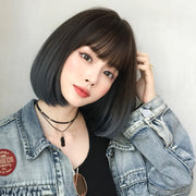 Wig Female Short Hair Bobo Student Head Round Face Full Top Headgear Natural Gradient Color Internal Buckle Straight Hair(Gradient Haze Blue 30CM)