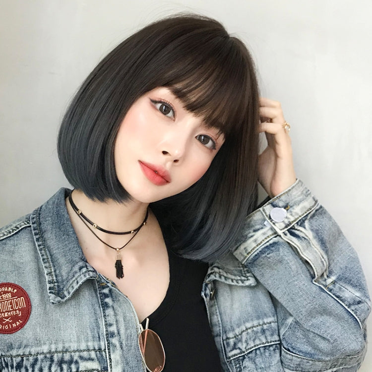 Wig Female Short Hair Bobo Student Head Round Face Full Top Headgear Natural Gradient Color Internal Buckle Straight Hair(Gradient Haze Blue 30CM)