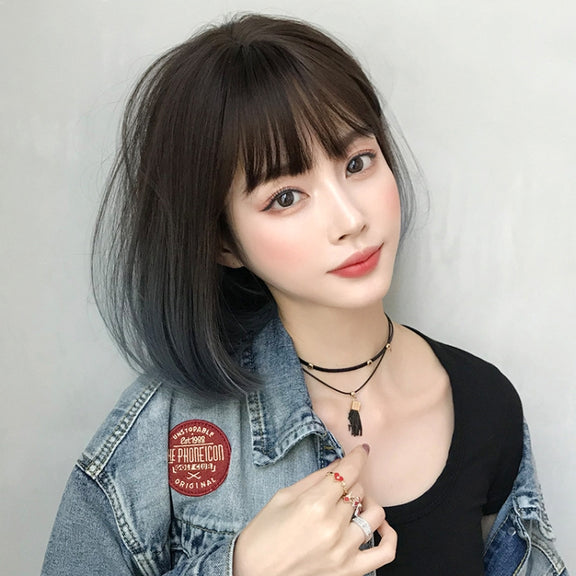 Wig Female Short Hair Bobo Student Head Round Face Full Top Headgear Natural Gradient Color Internal Buckle Straight Hair(Gradient Haze Blue 30CM)