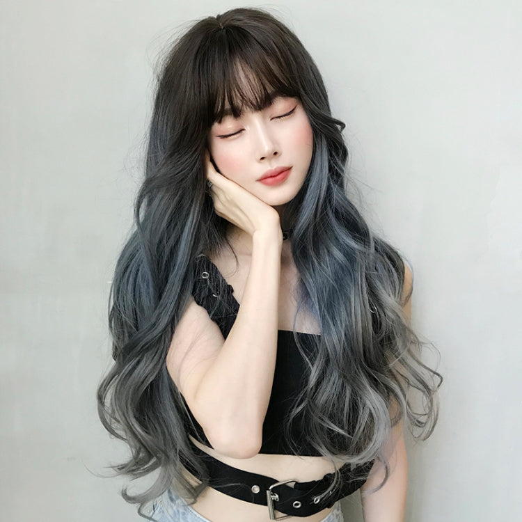 Wig Female Long Hair Big Wave Gradient Full Headgear(Gradient Fog Blue Gray 68CM) - free shipping - PMC TechLife - Order now!