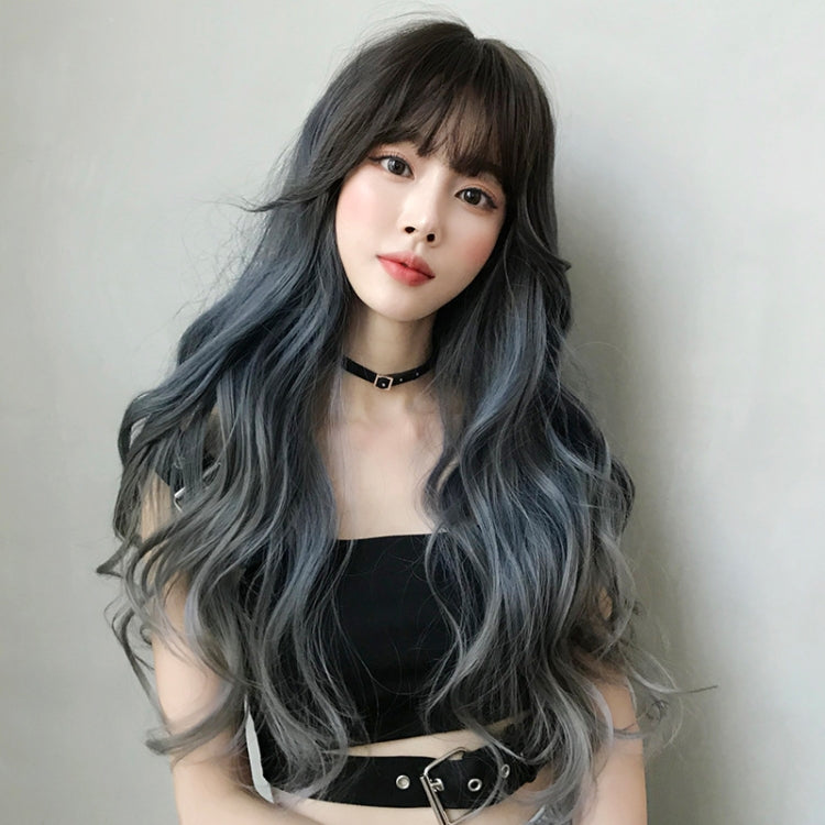 Wig Female Long Hair Big Wave Gradient Full Headgear(Gradient Fog Blue Gray 68CM) - free shipping - PMC TechLife - Order now!