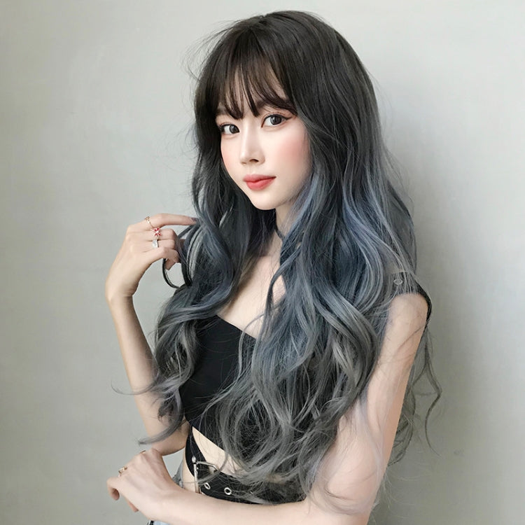 Wig Female Long Hair Big Wave Gradient Full Headgear(Gradient Fog Blue Gray 68CM) - free shipping - PMC TechLife - Order now!