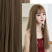 Wig Female Long Hair Full Headgear Straight Hair Natural Air Bangs Full Top Wig(Cool Brown 58CM)
