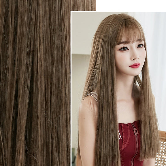 Wig Female Long Hair Full Headgear Straight Hair Natural Air Bangs Full Top Wig(Cool Brown 58CM)
