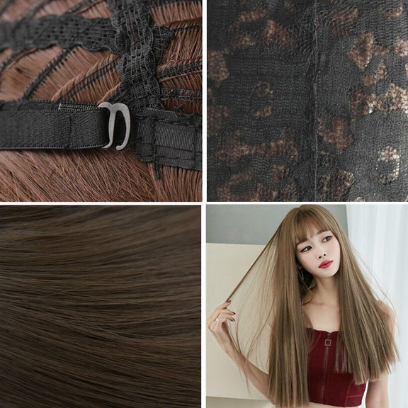 Wig Female Long Hair Full Headgear Straight Hair Natural Air Bangs Full Top Wig(Black Tea Color 58CM)