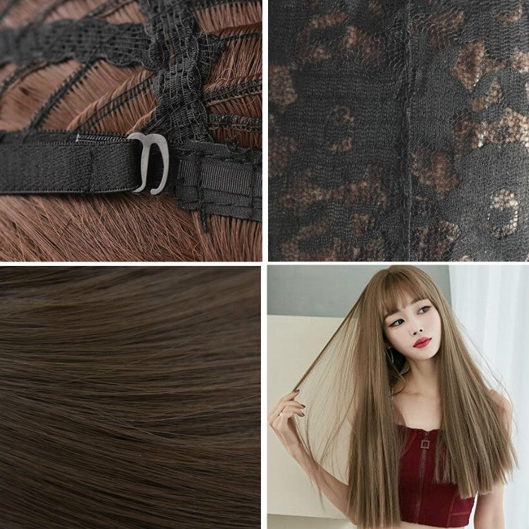 Wig Female Long Hair Full Headgear Straight Hair Natural Air Bangs Full Top Wig(Cool Brown 58CM)