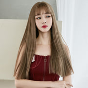 Wig Female Long Hair Full Headgear Straight Hair Natural Air Bangs Full Top Wig(Cool Brown 58CM)