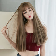 Wig Female Long Hair Full Headgear Straight Hair Natural Air Bangs Full Top Wig(Cool Brown 58CM)