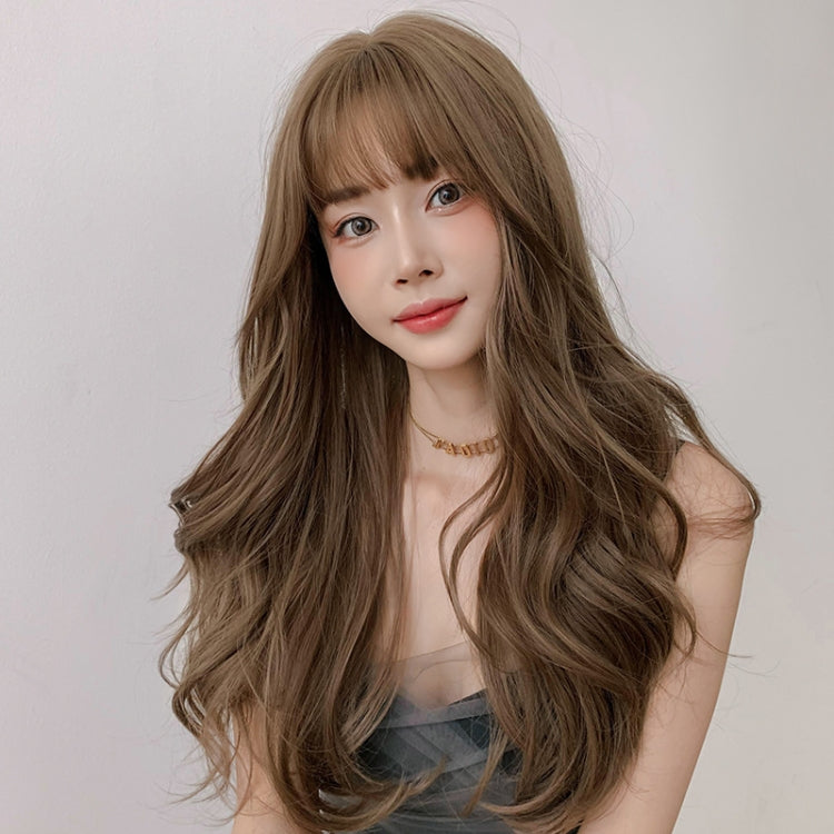 Wig Female Long Hair Big Wave Fluffy Full Headgear Long Curly Hair(Honey Tea Linen 65cm)
