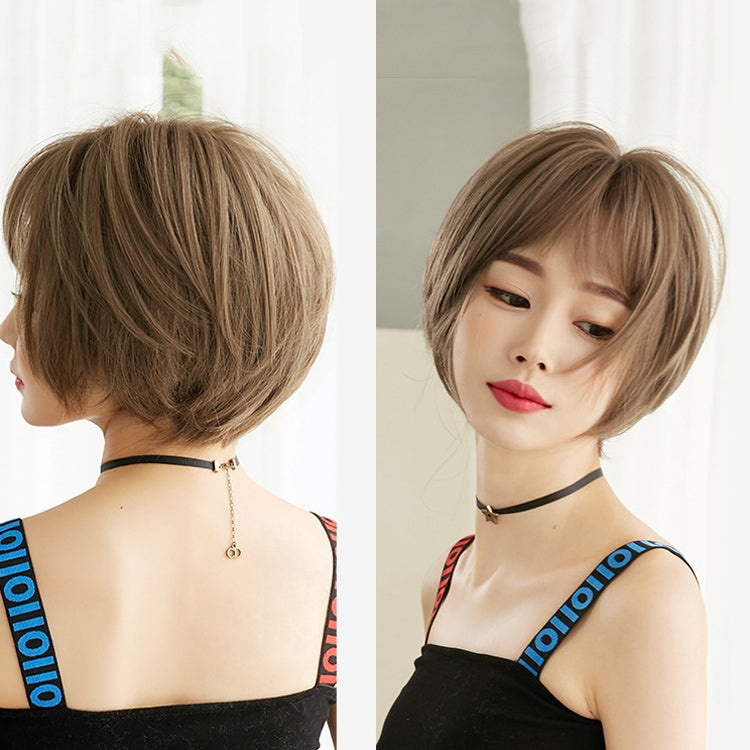 Wig Female Short Hair Round Face Full Top Headgear Short Hair Temperament Bangs Hair Cover(Honey Tea Flax 28CM)