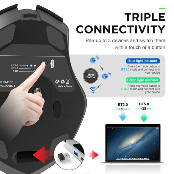 Inphic A1 6 Keys 1000/1200/1600 DPI Home Gaming Wireless Mechanical Mouse, Colour: Gray Wireless+Bluetooth 4.0+Bluetooth 5.0
