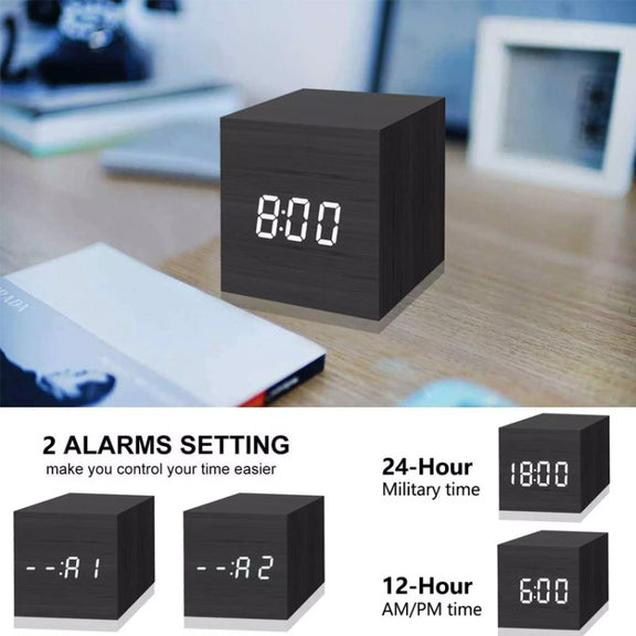 Multicolor Sounds Control Wooden Clock Modern Digital LED Desk Alarm Clock Thermometer Timer Black Blue