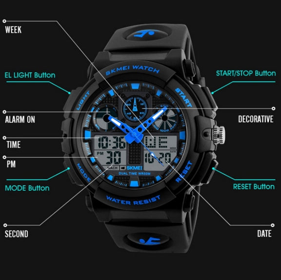SKMEI 1270 Men Water-resistant Dual Display Digital Watch Outdoor Sports Watch(Blue)