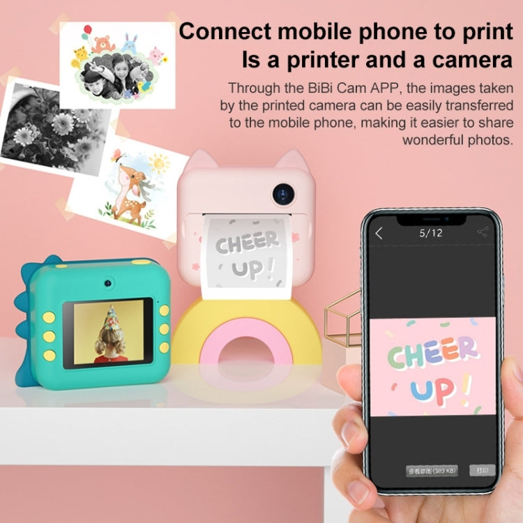 P1 No Card Children Instant Camera1200W Front And Rear Dual-Lens Mini Print Photographic Digital Camera Toy(Green Dinosaur)
