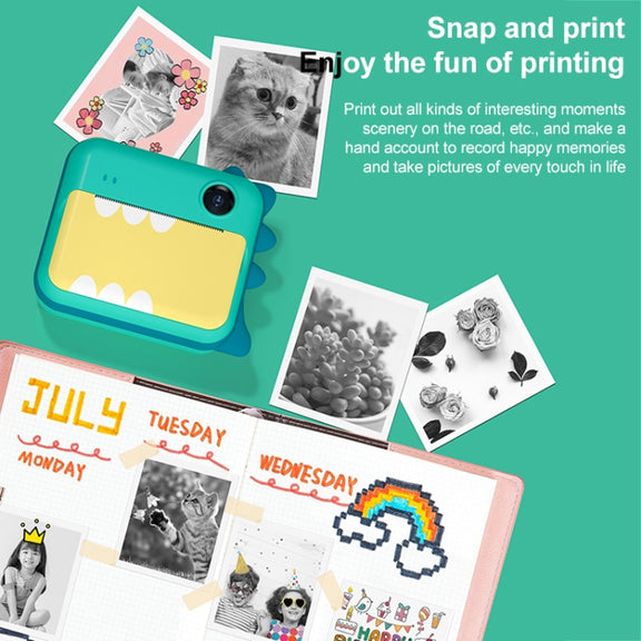P1 16GB Children Instant Camera 1200W Front And Rear Dual-Lens Mini Print Photographic Digital Camera Toy(Green Dinosaur)