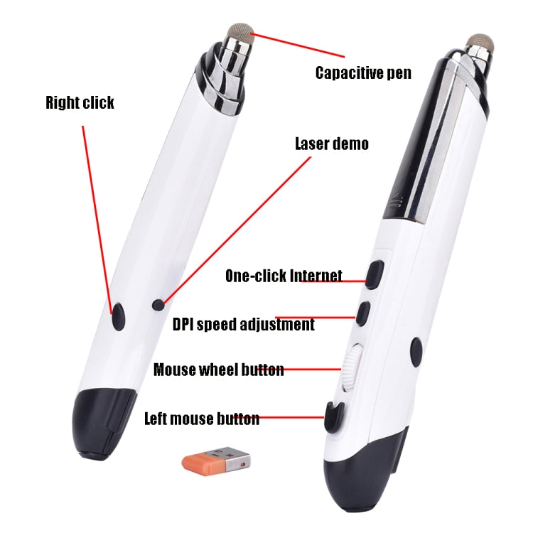 PR-08 1600DPI 6 Keys 2.4G Wireless Electronic Whiteboard Pen Multi-Function Pen Mouse PPT Flip Pen(Silver Gray)