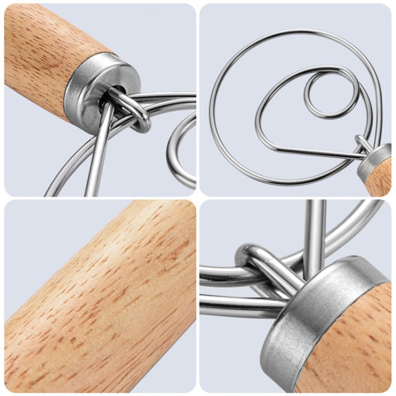 2 PCS 13 Inch Oak Handle Flour Mixer Dough Stainless Steel Mixing Rod Coil Whisk Single Circle Agitator