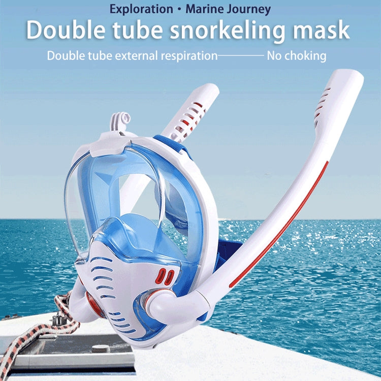 Snorkeling Mask Double Tube Silicone Full Dry Diving Mask Adult Swimming Mask Diving Goggles, Size: L/XL(White/Blue)