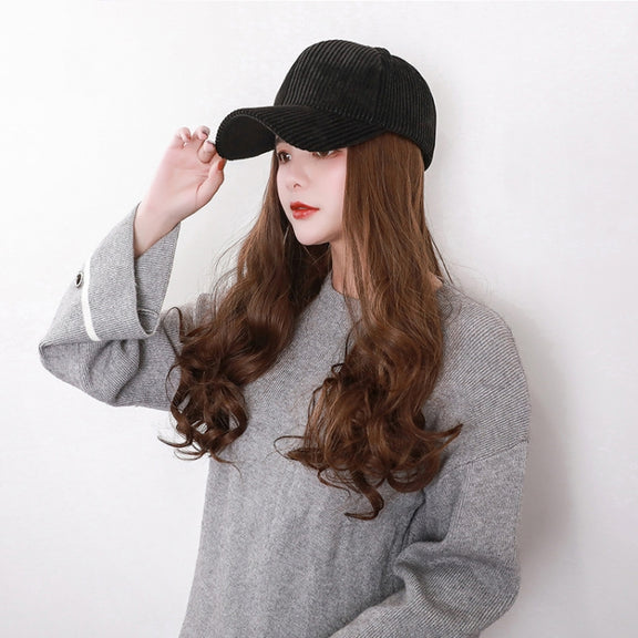 8261E Fashion Hat Wig Female Detachable Pear Flower Roll Long Hair Wig(Light Brown)