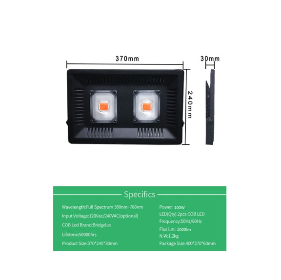 100W Ultra-Thin LED Plant Light, Full Spectrum COB Growth Light, Vegetable, Fruit & Flower Greenhouse Fill Light Without Plug