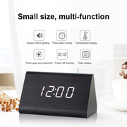 Mute Luminous Electronic Clock Wooden Sound Control Small Triangle Alarm Clock Brown Wood Red Light