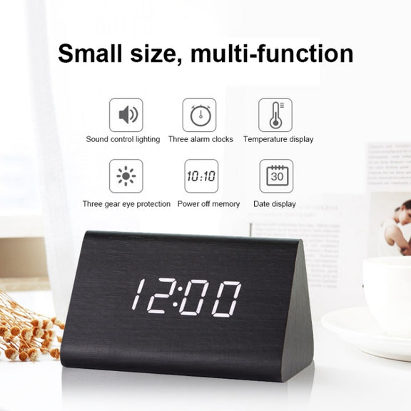 Mute Luminous Electronic Clock Wooden Sound Control Small Triangle Alarm Clock Brown Wood Red Light