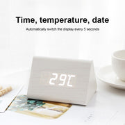 Mute Luminous Electronic Clock Wooden Sound Control Small Triangle Alarm Clock Brown Wood Red Light
