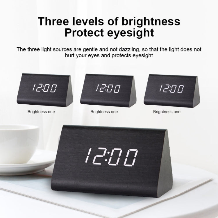 Mute Luminous Electronic Clock Wooden Sound Control Small Triangle Alarm Clock White Wood White Light
