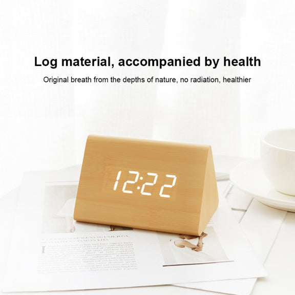 Mute Luminous Electronic Clock Wooden Sound Control Small Triangle Alarm Clock White Wood White Light