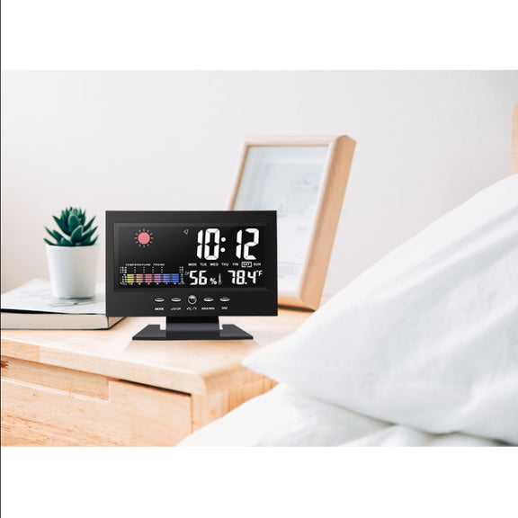 8082T Weather Forecast Clock LED Color Screen Perpetual Calendar Temperature And Humidity Intelligent Voice Control Electronic Alarm Cloc,Specification: Black