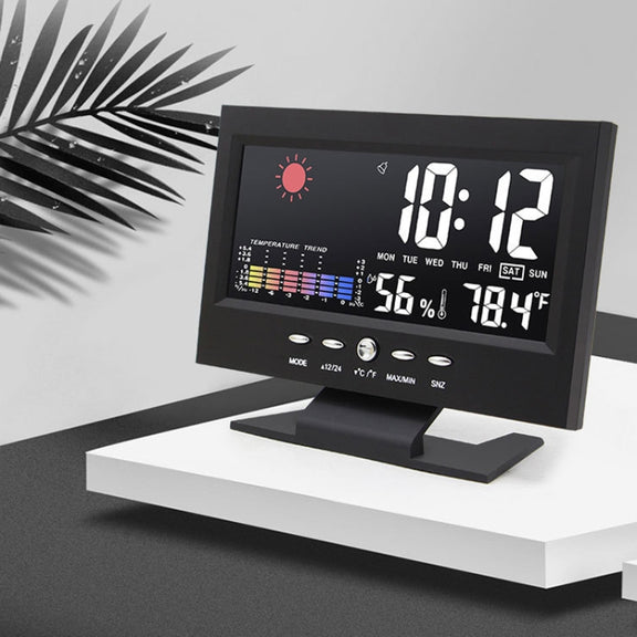 8082T Weather Forecast Clock LED Color Screen Perpetual Calendar Temperature And Humidity Intelligent Voice Control Electronic Alarm Cloc,Specification: Black