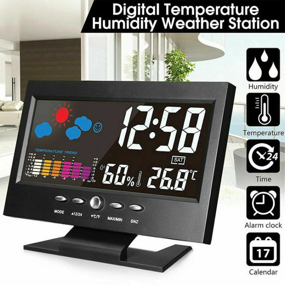 8082T Weather Forecast Clock LED Color Screen Perpetual Calendar Temperature And Humidity Intelligent Voice Control Electronic Alarm Cloc,Specification: Black